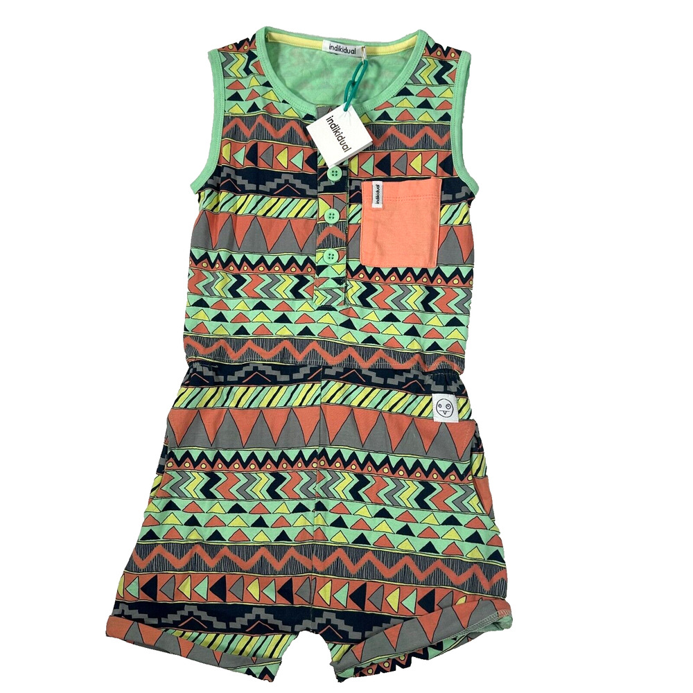 Indikidual Romper Kids 3/4 Green Patterned Sleeveless BUtton Pocket Chili New